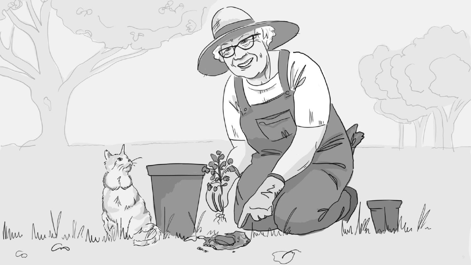 Storyboard illustration of a senior gardening independently at home